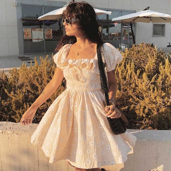 Cream Boho OFF shoulder Floral Print Mini  DRESS - Picture 6 of 9